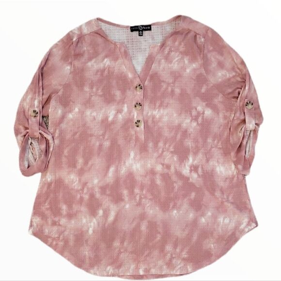 EC PINK AND WHITE V-NECK TIE DYE TOP WITH TORTOISE SHELL BUTTONS SZ. 1X - Picture 1 of 4